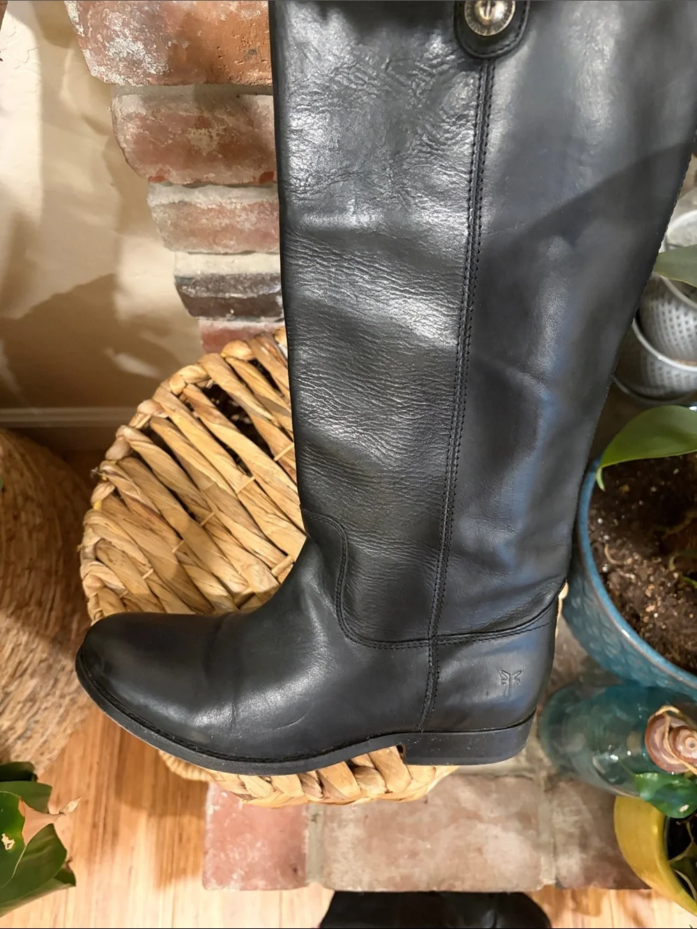 Frye Black Leather Knee-High Riding Boots with Button Accent